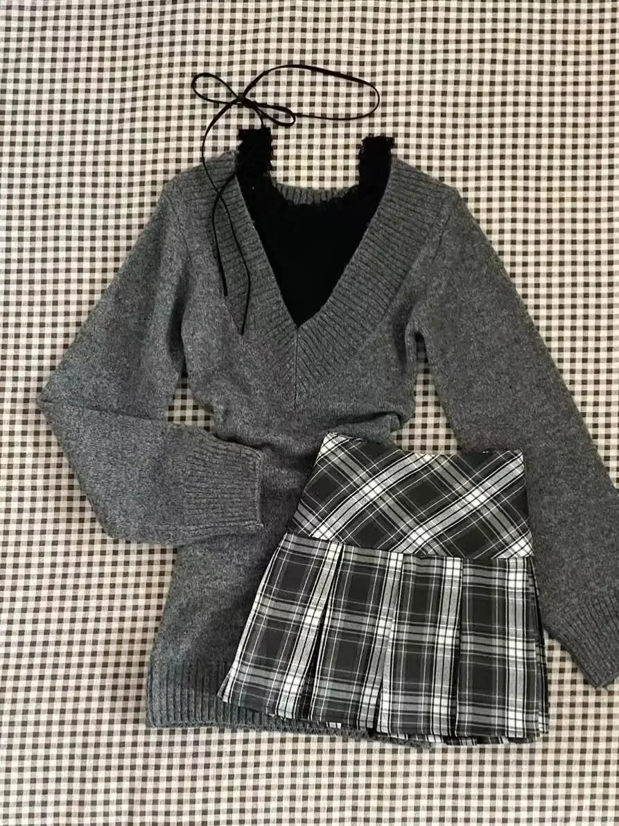 maoxiangshop  -  Women Clothing Autumn New Retro V-neck Sweater Knitted Pullover Top Strap Tank Top High Waist Slim Short Skirt Three Piece Set