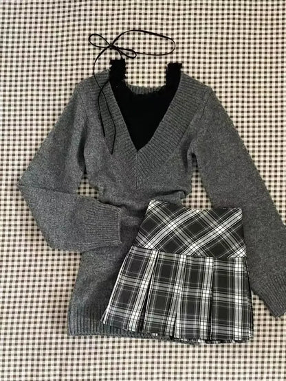 maoxiangshop  -  Women Clothing Autumn New Retro V-neck Sweater Knitted Pullover Top Strap Tank Top High Waist Slim Short Skirt Three Piece Set