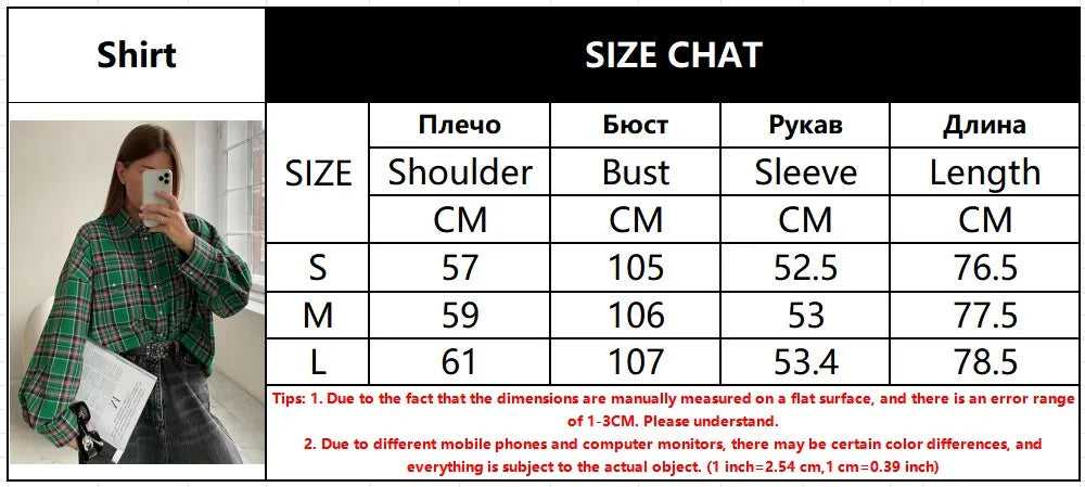 maoxiangshop -  Vintage Plaid Blouses Womans Loose Long Sleeve Shirt Autumn Winter Casual Single Breasted Shirt with Pockets Female Tops