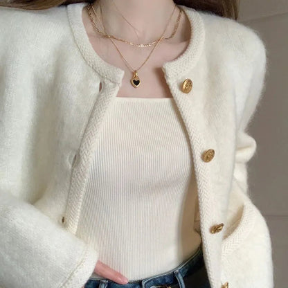 maoxiangshop Elegant Knitted White Jacket Women Round Neck Autumn Winter Fuzzy Cardigan Woman New Long Sleeve Sweater Jacket