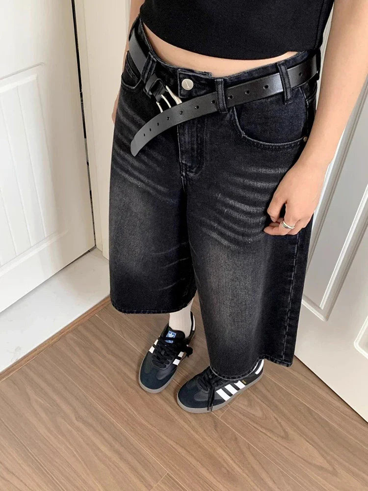 Y2K High Waist Wide Leg Denim Shorts Women Fashion Casual Vintage Streetwear Mid Long Pants Harajuku Baggy Loose Jeans Black New