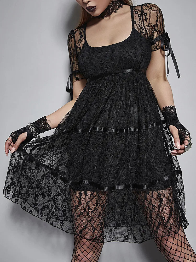 maoxiangshop Lace Mall Gothic Aesthetic Black Women Dresses Grunge See Through Sexy Puff Sleeve Mini Dress A-line Summer Partywear