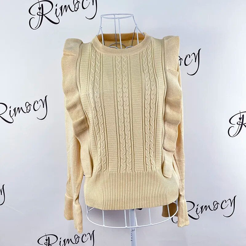 maoxiangshop Ruffles Long Sleeve Sweaters for Women Solid Color Round Neck Knitted Woman Jumper Autumn Winter All Match Soft Sweater