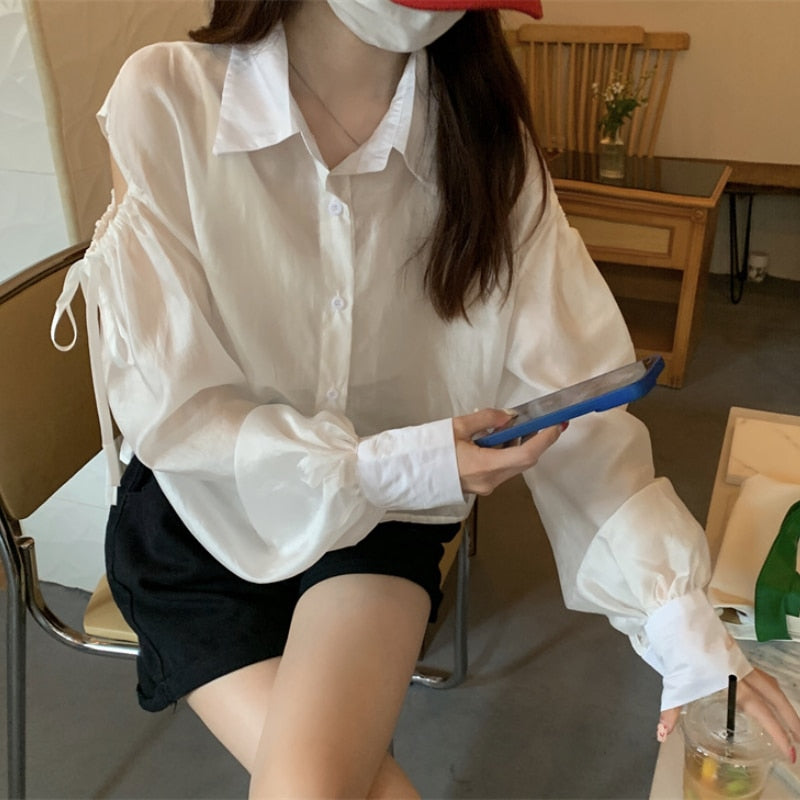 maoxiangshop Shirts Women Hole Temperament Sun-proof Ins Vacation Thin Korean Style Sheer Off-shoulder BF Топ Женский Summer Students Beach