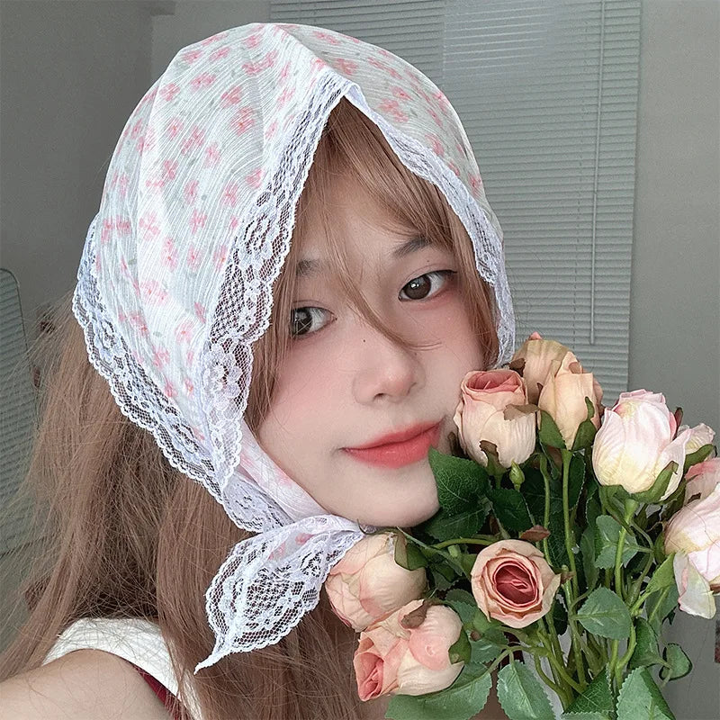 maoxiangshop Korean Lace Floral Hair Scarf Women Retro Triangle Hair Band Strap Hair Bag Headscarf Photo Headband Turban Accessorie