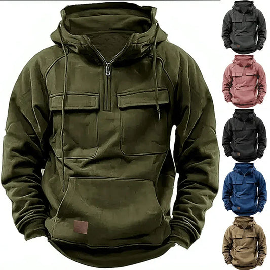 maoxiangshop Half Zipper Men's Hoodies Solid Warm Fleece Sweatshirts Multi Pockets Male Hooded Jackets Thick Outdoor Polar