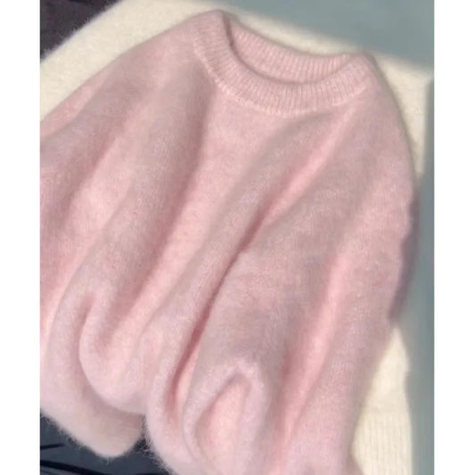 maoxiangshop  -  Pink Soft Knitted Sweater Women 2024 Autumn Winter New Loose Long Sleeved Top Solid Color Simple O Neck Pullover Coat Knitwear