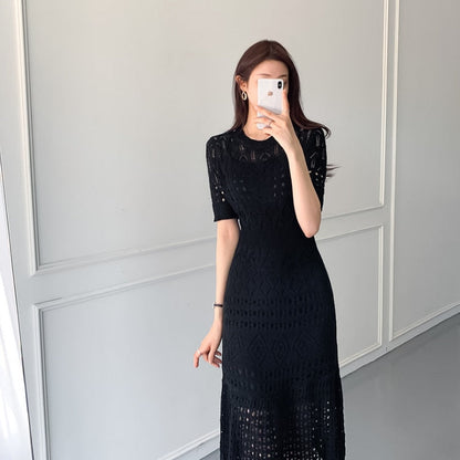 maoxiangshop Casual Chic Korean Temperament Slim Sexy Hollow Out Dresses O Neck Short Sleeve Wrap Hip Knitted Dress White Lady Summer