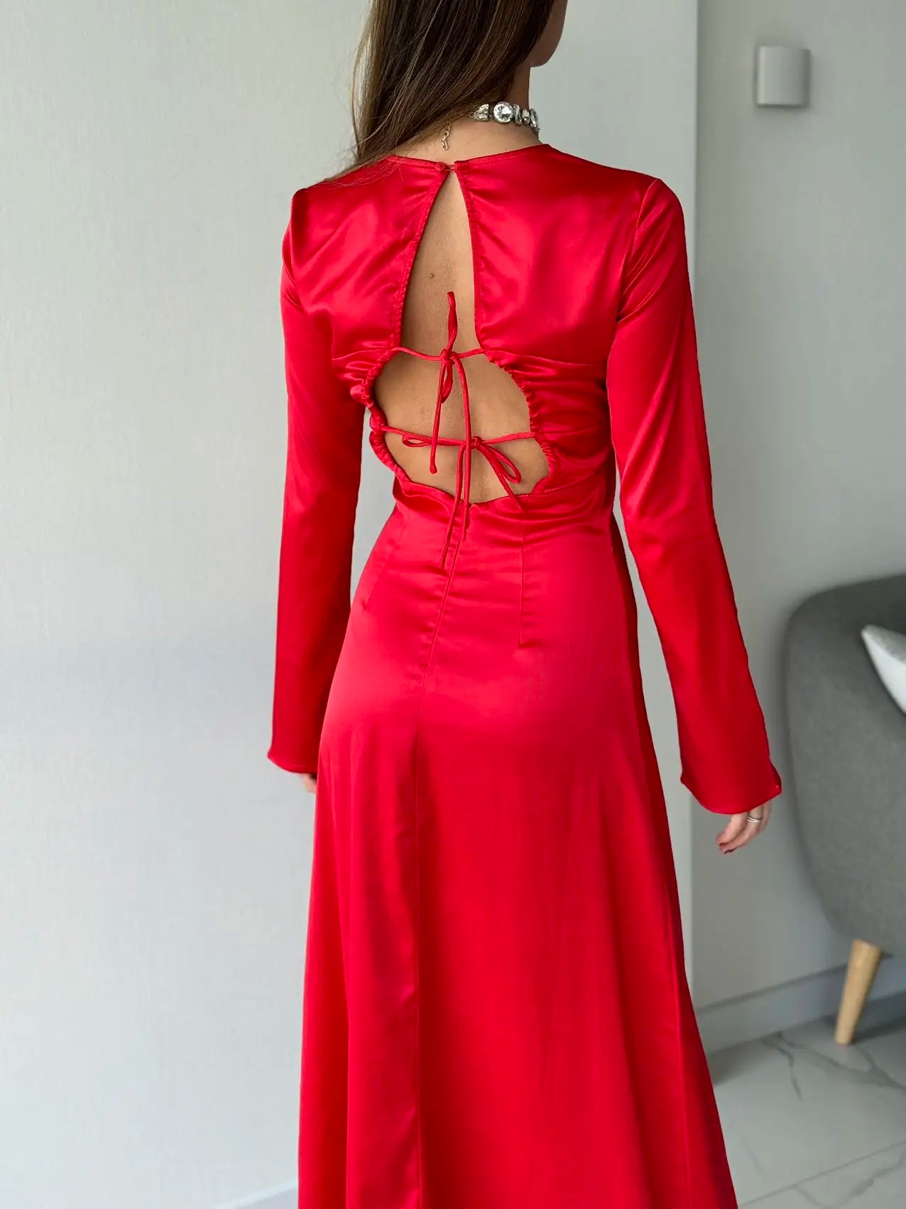 Long Maxi Evening Dress Red Satin Long Sleeve Formal Dresses Elegant Back Lace Up Party Dresses Women Clothing