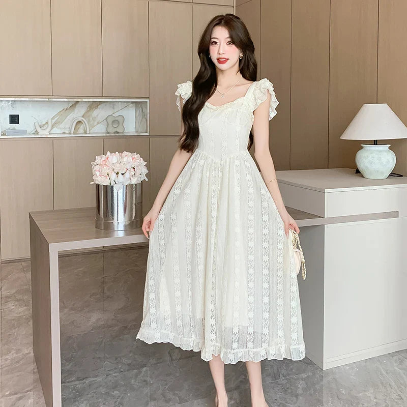 maoxiangshop French Sweet Midi Dresses for Women Summer New High-waisted Fly-sleeved Elegant Fashion Clothing Korean Casual Female Dress