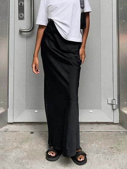 maoxiangshop  -  Autumn Lady Black Skirts Elegant Women Imitation Acetate Satin Black Skirt Women Commuter Satin Dape Fishtail Long Skirts