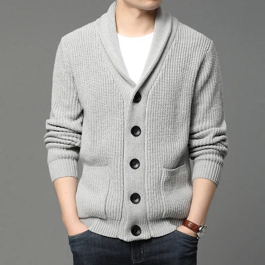 maoxiangshop High Quality Autumn Winter Cardigan Men Thick Knitted Solid Sweater Jakcet Fashion Turn Down Collar Single Breasted Cardigan Men