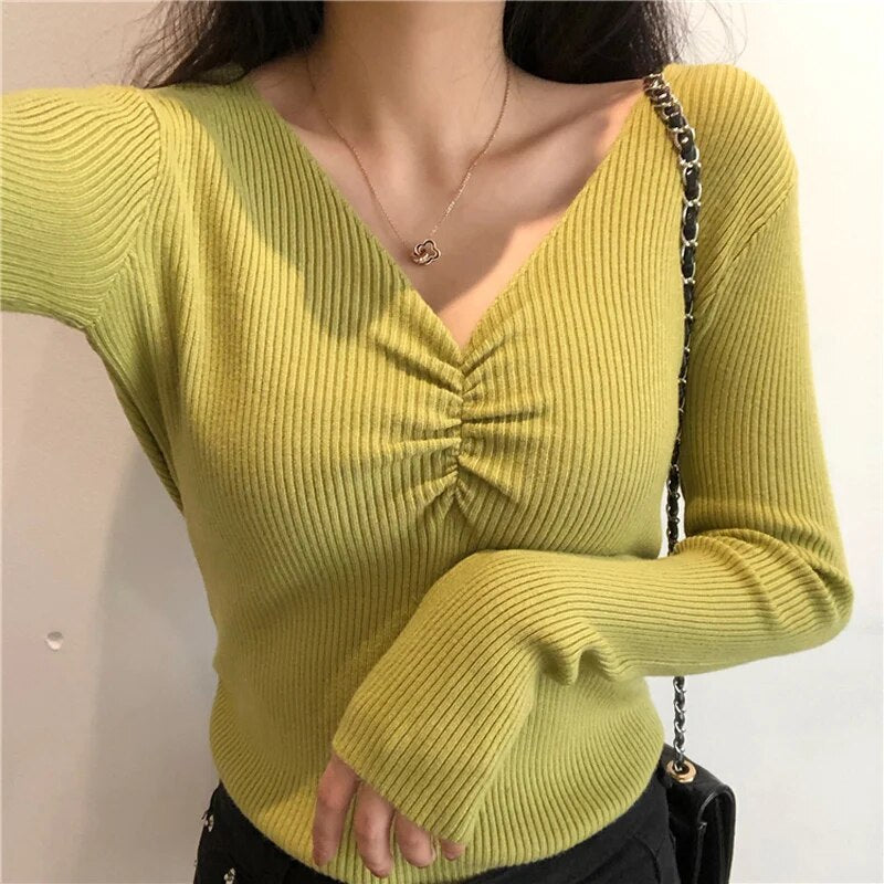 maoxiangshop Sexy V Neck Women Sweater Autumn Knitted Pullover Jumper Chic Soft Korean Slim Long Sleeve Female Basic Top New