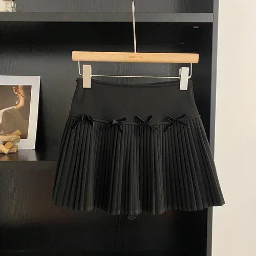 maoxiangshop Preppy Style Mini Skirt Women High Waist A-line Bow Female Pleated Skirts with Shorts Korean Fashion Autumn Skirts