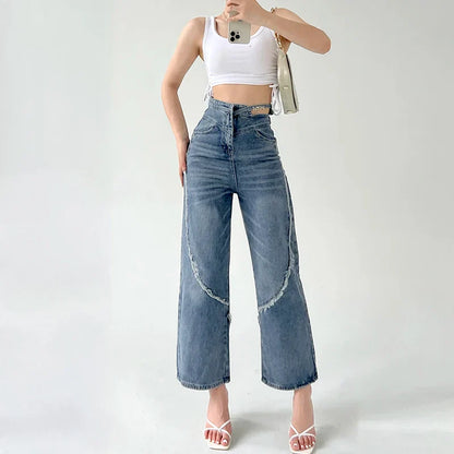 American Split Jeans Women Pink Bandage High Waist Irregular Spliced Denim Pants Zipper Fly Trousers Y2k Pantalon Femme LH22199