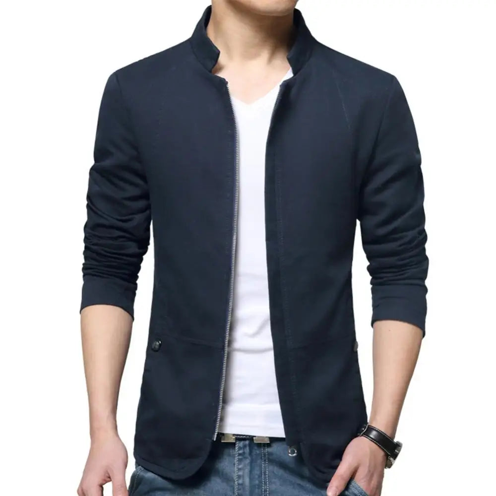 maoxiangshop Casual Men Blazer Spring Autumn Stylish Business Casual Jacket Solid Color Stand Collar Zipper Pockets Thin Slim Blazer Coat
