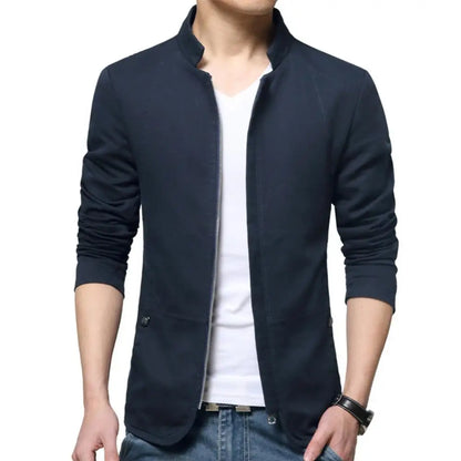 maoxiangshop Casual Men Blazer Spring Autumn Stylish Business Casual Jacket Solid Color Stand Collar Zipper Pockets Thin Slim Blazer Coat