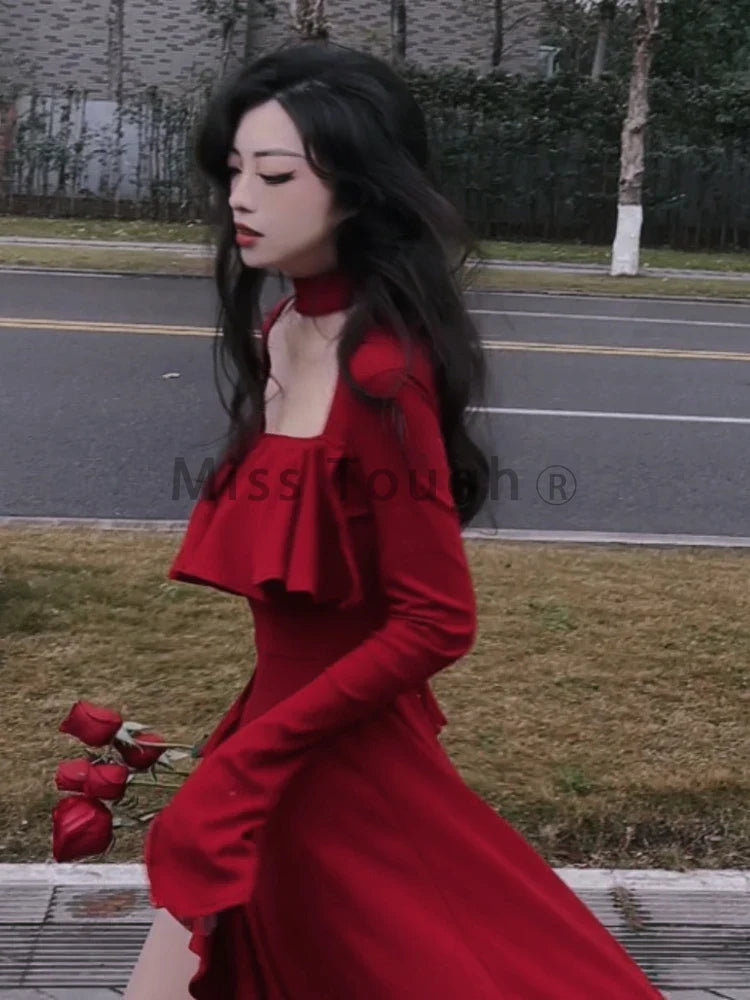 maoxiangshop Autumn Red Vintage Elegant Dress Women Flare Sleeve Designer Sweet Long Dress Female Ruffles Retro Princess Irregular Dress