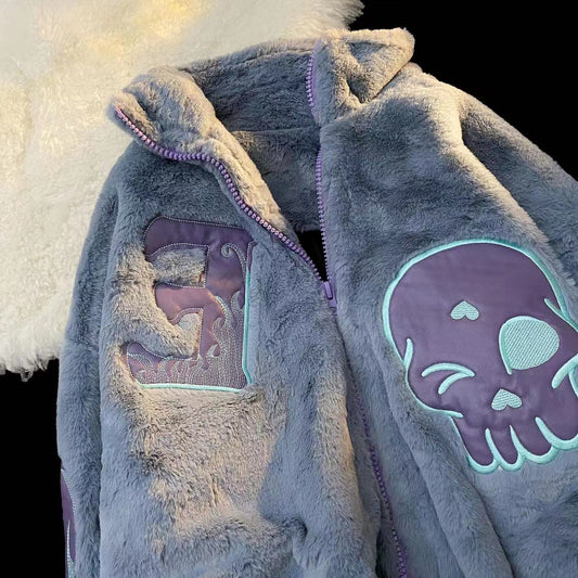 maoxiangshopVintage skull embroidered lamb fleece jacket men's winter new king size zipper casual top cotton cotton zipper cardigan