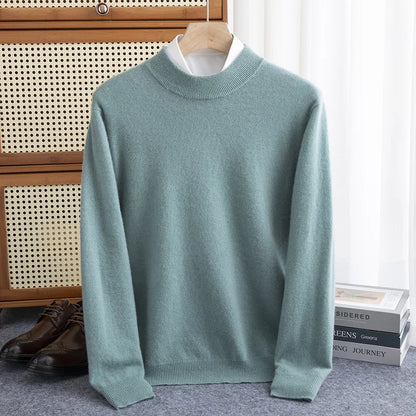 maoxiangshop New Fashion Men's 100% Wool Pullover Half-high Collar Sweater Autumn Winter Warm Solid Color Knit Sweater Business Casual Top