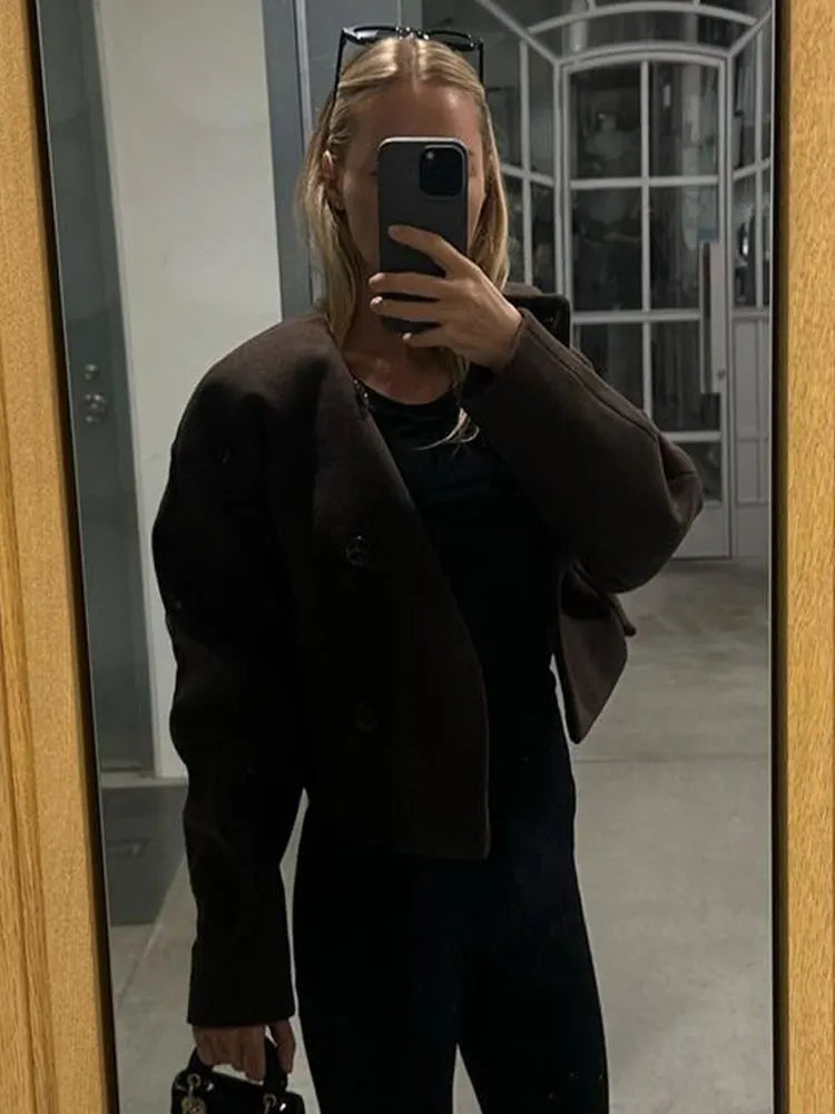 maoxiangshop -  Autumn Faux Woolen Solid Cropped Jacket Women Single Breasted Button Pocket Baseball Coat Fashion Long Sleeve Female Outwear
