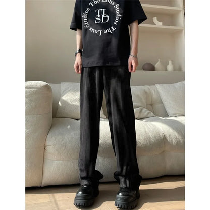 maoxiangshop Summer Pleated Pants Men Fashion Oversized Ice Silk Pants Men Japanese Streetwear Loose Straight Pants Mens Casual Trousers