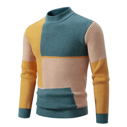 maoxiangshop Men's Autumn Winter New Mock Neck Pullovers Fashion Patchwork Knitted Warm Sweater Man Slim Fit Casual Knitwear Sweaters Tops