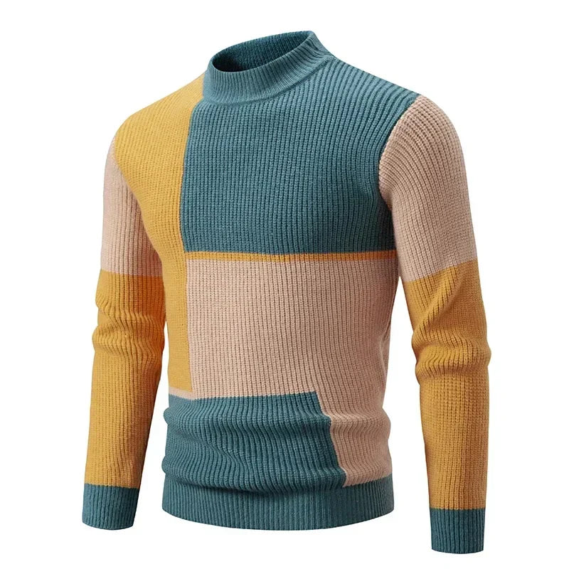 maoxiangshop Men's Autumn Winter New Mock Neck Pullovers Fashion Patchwork Knitted Warm Sweater Man Slim Fit Casual Knitwear Sweaters Tops