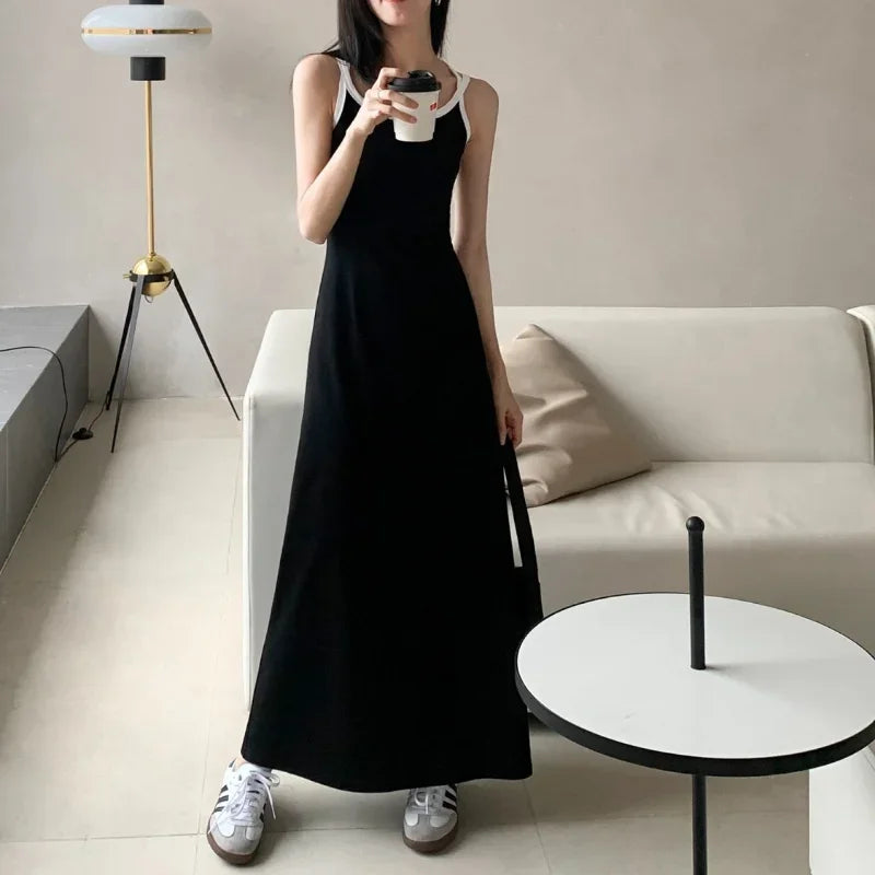 Korean Style Long One Piece Dress Women Harajuku Summer Resort Dresses Gyaru Backless Sleeveless Black Casual Vestidos