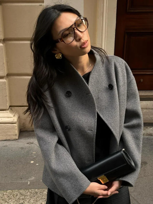 maoxiangshop  -  Elegant Women Solid Double Breasted Cotton Coat Chic Stand Collar Long Sleeves Warm Jacket Autumn Fashion Lady Commuting Outwear