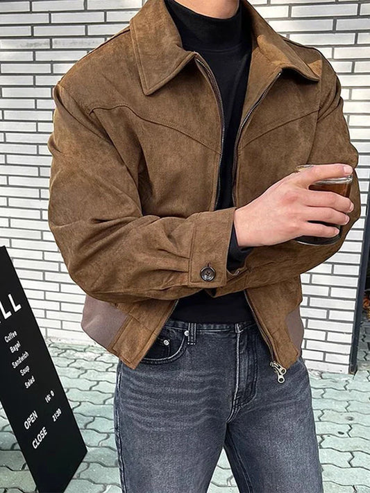 maoxiangshop Vintage Jacket Man Casual Loose Zipper Fashion Retro Short Coat Men Spring High Quality Solid Turndown Collar Street Outwears