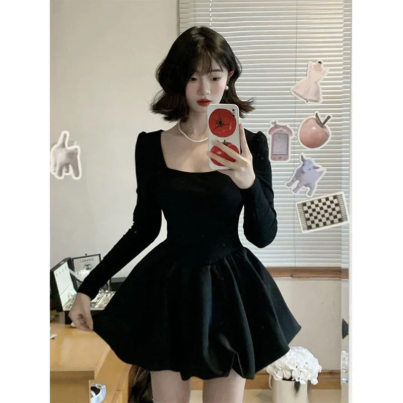 maoxiangshop-Y2K Black Mini Dress Women Korean Square Collar Long Sleeve One Pieces Dresses Party Prom Elegant Bodycon A Line Vestidos