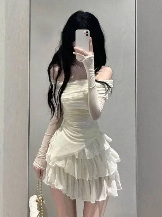 maoxiangshop-Spring Two Pieces Skirt Set Women Y2k Crop Tops T-shirt + Cake Skirts Japanese Kawaii Fashion Suits Chic Outwear Korean