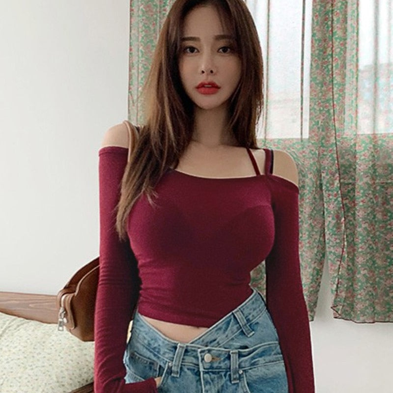 maoxiangshop Women Cropped Tee Shirts Lady Long Sleeve Halter Slash Neck Stretchy Crop Tops Girls Slim T Shirts