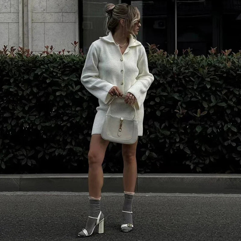 maoxiangshop  -  Women's Knitted Suit Lapel Flare Sleeve Cardigan Skirt Autumn Winter New Fashion Solid Slim Female Sweater Two Piece Sets