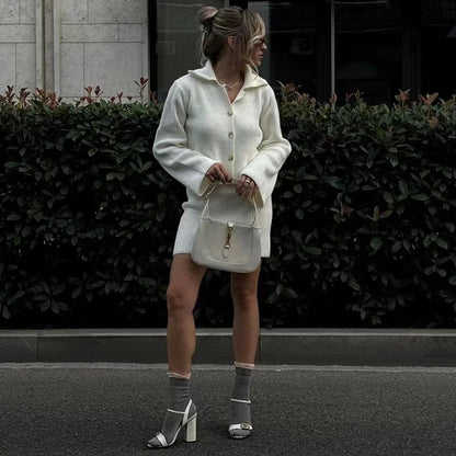maoxiangshop  -  Women's Knitted Suit Lapel Flare Sleeve Cardigan Skirt Autumn Winter New Fashion Solid Slim Female Sweater Two Piece Sets