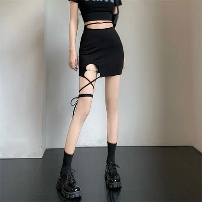 maoxiangshop Y2k Harajuku Mini Bandage Skirt Women's  Sexy High Waist Skirt Solid Color Korean Version Slim Chic Clubwear