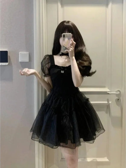 maoxiangshop Summer New Black Yarn Dress Fluffy Small Short Square Neck Spicy Girl Sweet Style Small Puff Sleeve Sexy Lovely Short