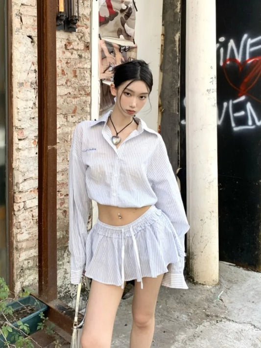 maoxiangshop  -  Blue Striped Set For Women'S Spring And Autumn Simple High Waisted Shirt Paired With A-Line Umbrella Skirt Two-Piece Set