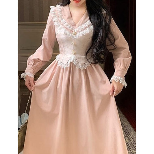 maoxiangshop Corduroy Dress for Women New Fashion Fairycore Splicing Midi Dress Elegant Lantern Sleeve V Neck Y2k Vintage Dress