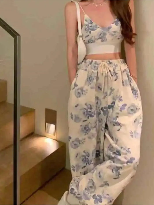 maoxiangshopSexy Y2k Floral Two Piece Top Pant Set Women Korean Casual High Street Summer Suits Elegant Mini Top Long Wide Leg Pants