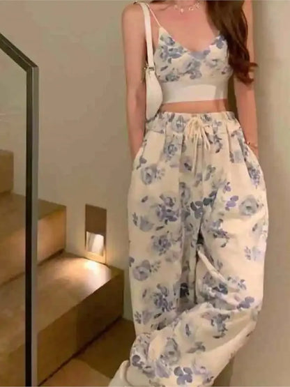 maoxiangshopSexy Y2k Floral Two Piece Top Pant Set Women Korean Casual High Street Summer Suits Elegant Mini Top Long Wide Leg Pants
