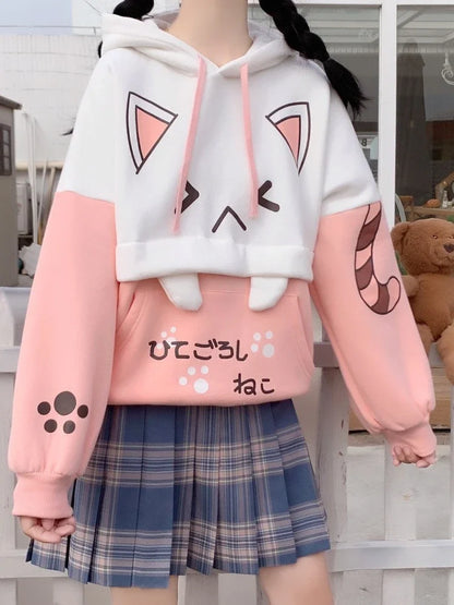 Harajuku Kawaii Hoodies Anime Cotton Fleece Sweatshirt Cat Printed Hooded Sweet Top Women Winter Thick Warm Y2k Girls Cute Coat