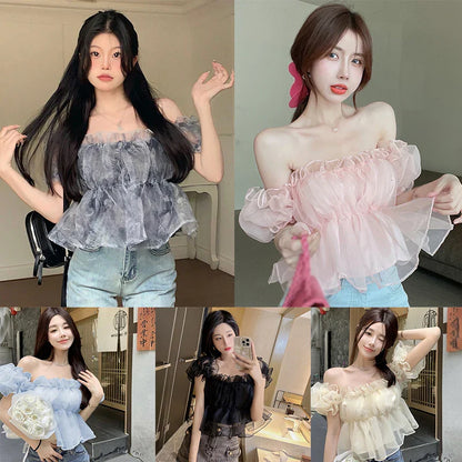 maoxiangshop Short Puff Mesh Sleeves Women's Off shoulder Chiffon Top Lace Sweet Square Neck Sexy Sweet Spring Summer Casual Streetwear