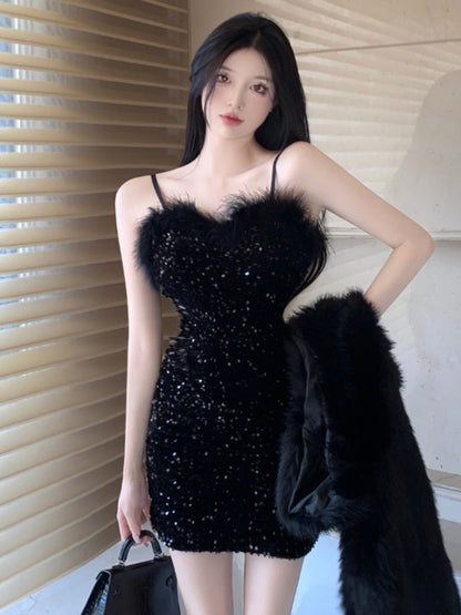 maoxiangshop Temperament Dresses Women Spaghetti Strap  Furry Patchwork V Neck Sexy Elegant Slim Sequins Black Party Dress Ladies