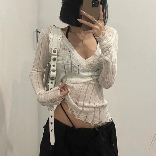 maoxiangshop Coquett Y2K Women's Knit Sweater Hollow Out Knitwear V Neck Pullovers Spring See Through Jumper Harajuku Fashion Grunge