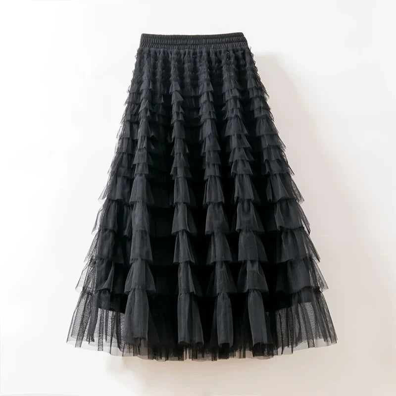 maoxiangshop Tutu Cake Skirts Women Elegant Cascading Ruffles A Line Long Skirts Female Casual Elastic Waist Party Skirt Black Skirt