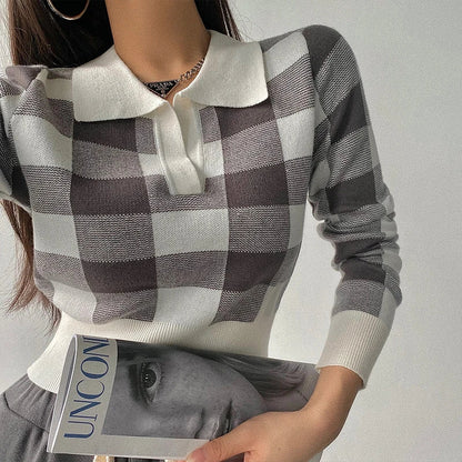 maoxiangshop Autumn Winter Vintage Knitwear Crop Tops Women Pullover Sweaters Fashion Female Long Sleeve Elastic Casual Plaid Knitted Shirts