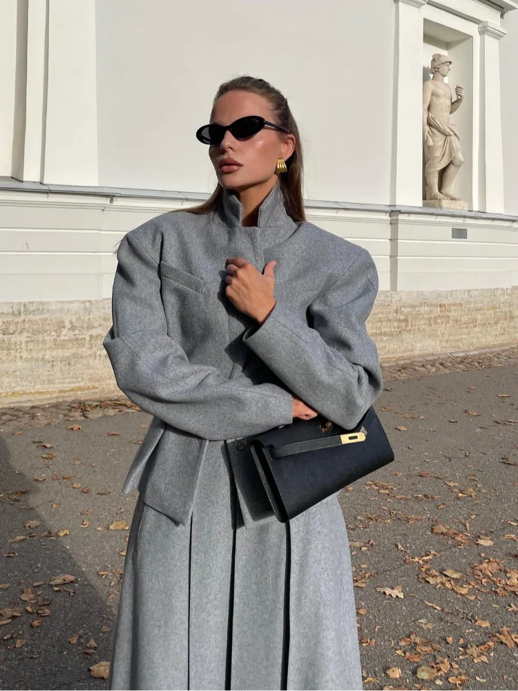 maoxiangshop  -  Women Fashion Solid Woolen Skirt Suits Elegant Stand Collar Full Sleeve Coat Loose Pleated Long Skirts Set Fall Chic Lady Outfit