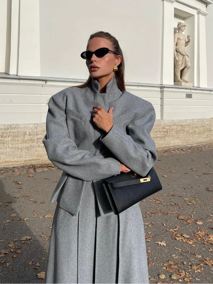 maoxiangshop  -  Women Fashion Solid Woolen Skirt Suits Elegant Stand Collar Full Sleeve Coat Loose Pleated Long Skirts Set Fall Chic Lady Outfit